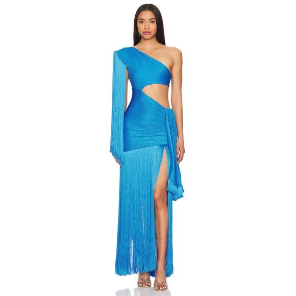 PatBO One Shoulder Fringe Maxi Dress in Cobalt Blue 2 New Womens Long Gown - Picture 1 of 16
